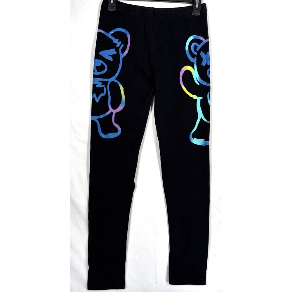 On Fire Women's Large Black Yoga Pants colorful Teddy‎ Bear on Legs